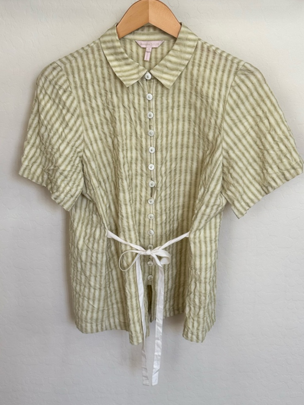 Rebecca Taylor Lime Green Striped Tie-Front Shirt - Size Medium Like New